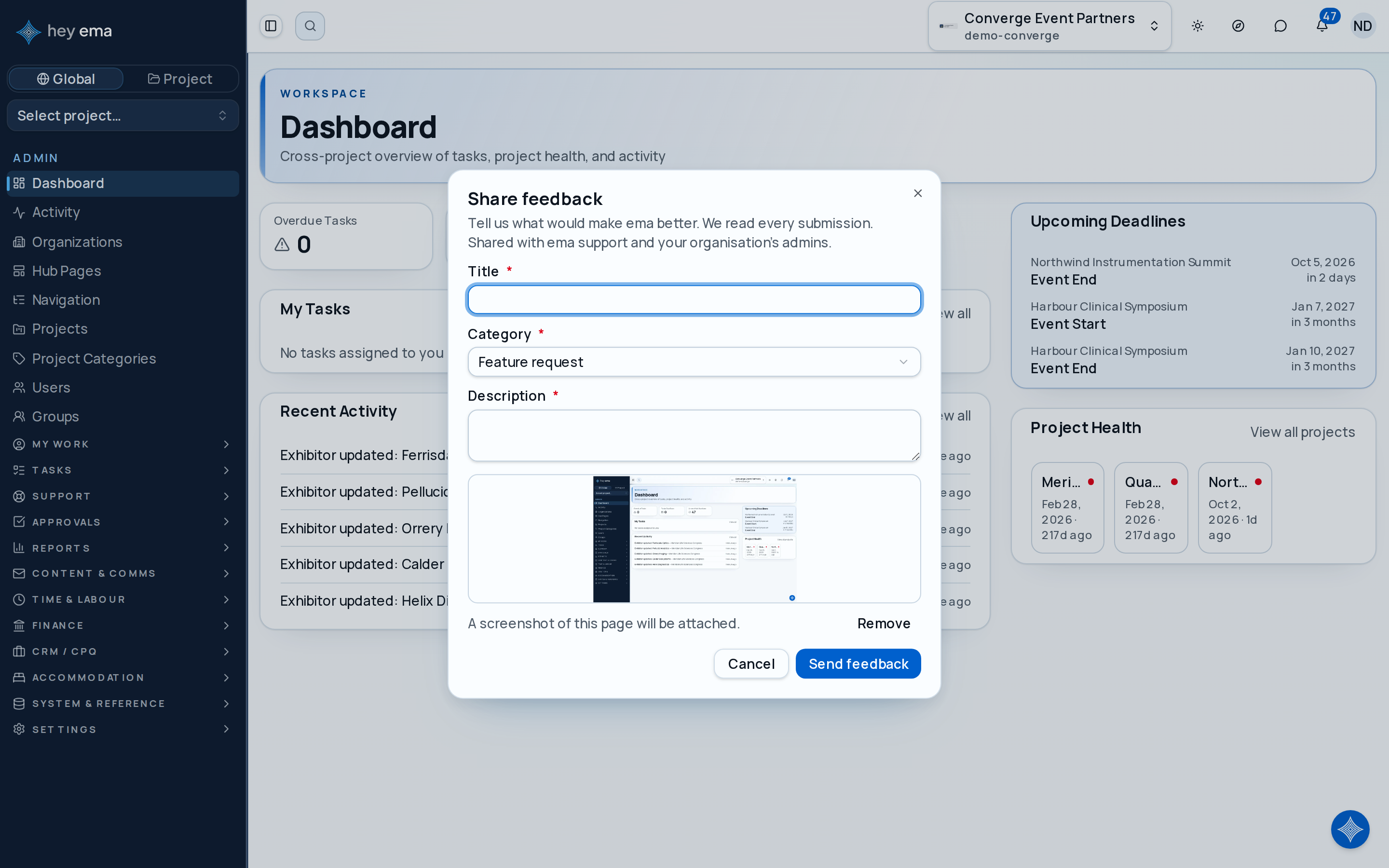 The Share feedback dialog over the Admin dashboard, with fields for rating, category, and description.